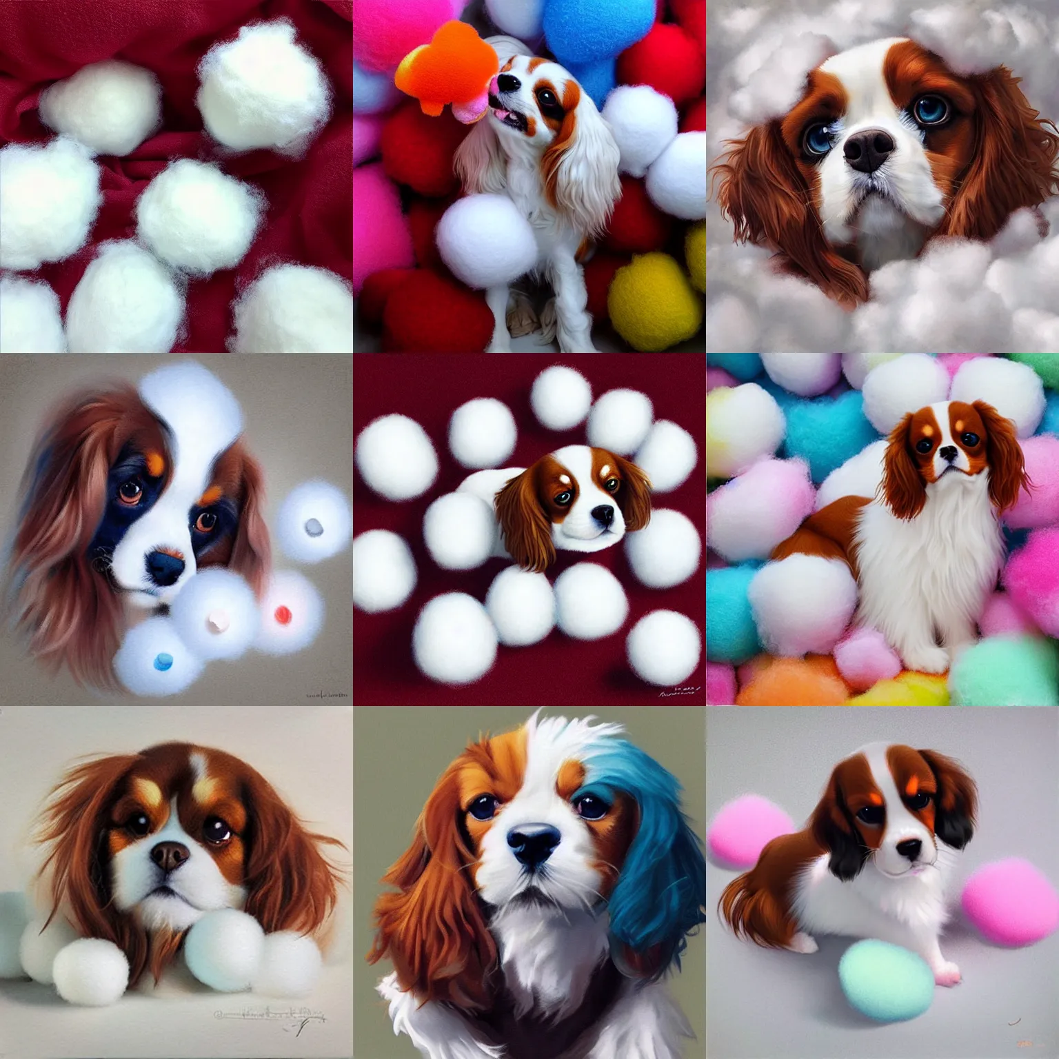 Prompt: fluffy cotton wool balls of many different colors, cavalier king charles spaniel, surrounded by cotton wool balls, cotton candy, art by artgerm and krenz cushart