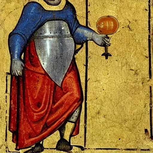 Prompt: a medieval painting of a templar knight holding a golden apple