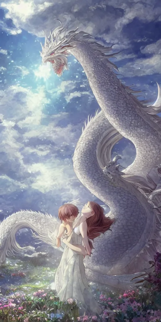 Image similar to the beautiful hyper detailed scene render that a lonely beautiful girl lies in the arms of a huge silver white dragon alone in fairyland surrounded by white clouds, finely detailed angelic face delicate features, style of studio ghibli, makoto shinkai, raphael lacoste, louis comfort tiffany, artgerm, james jean, ross tran, animation style, hd, ultra wide angle