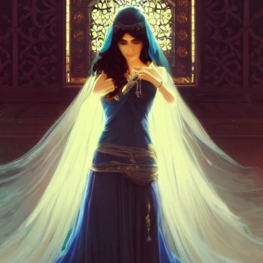 Image similar to ameera al taweel, bright blue eyes, long wavy black hair, white veil, digital painting, artstation, concept art, smooth, sharp focus, illustration, ArtStation, art by artgerm and greg rutkowski and alphonse mucha and Edmund Blair Leighton