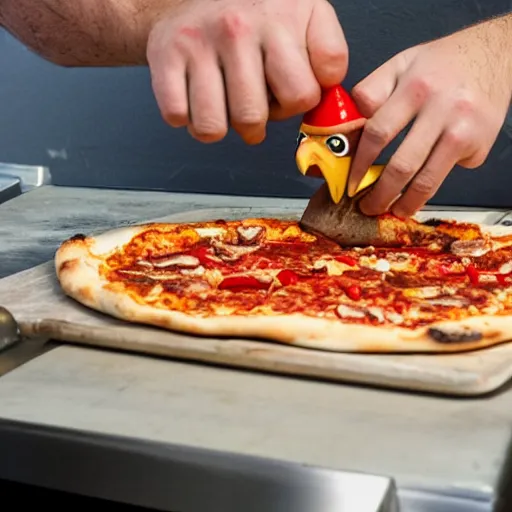 Image similar to photo of an eagle with a little chef hat stretching a pizza dough into a base with its talons