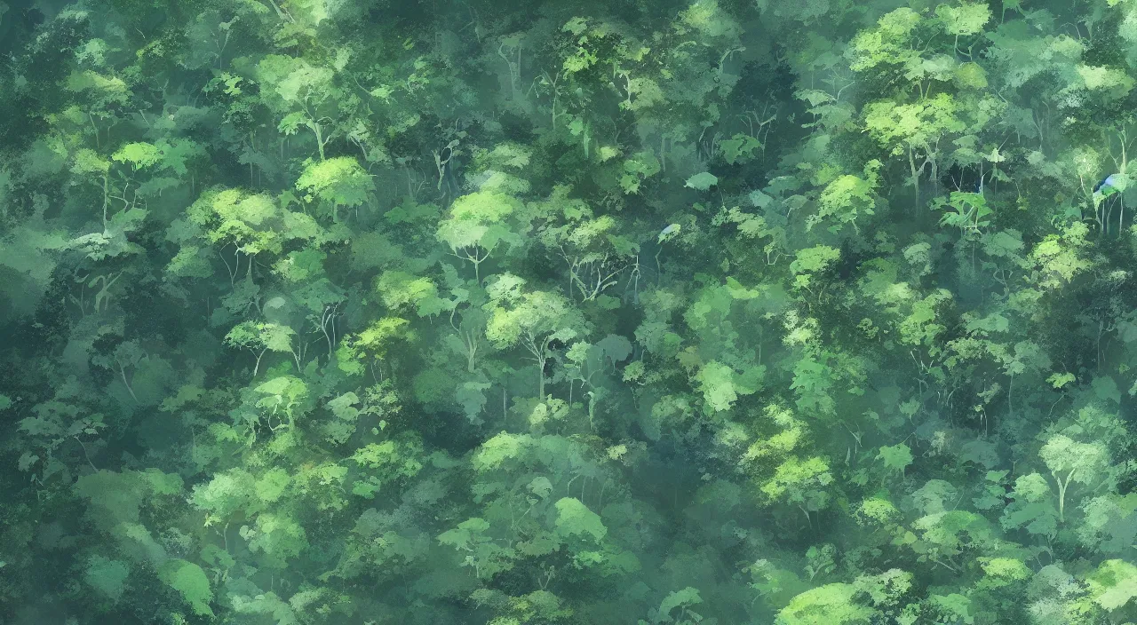 Prompt: aerial view of a rainforest canopy, by studio ghibli and greg rutkowski,