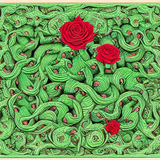 Prompt: green dragon surrounded by tessellation of roses, by mc escher