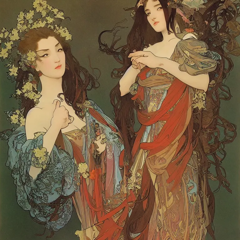 Image similar to beautiful women with oriental faces, character portrait, sharp, digital matte painting, art by alphonse maria mucha