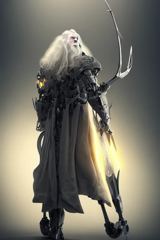 Prompt: a hyperrealistic 3 d render of gandalf as an evil - cyborg - mecha - wizard. octane render. dark moody lighting. middle - earth background. intricate beautiful details. trending on deviant art.