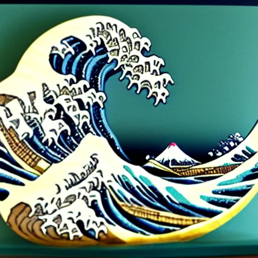 Image similar to carved diorama of the great wave off kanagawa made of marble with jade and gold insets