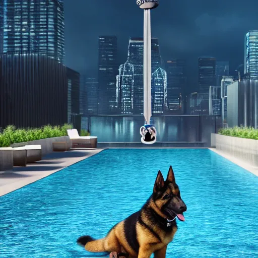 Image similar to a swanky gsd puppy relaxing at a swanky pool on a swanky penthouse rooftop with a futuristic blimp anchor in the background, futuristic cityscape, 8K, 4K, photorealistic, ultrarealistic, UE5, Octane, 3D, digital art, RTX, Ray Tracing, Bokeh, happening vibe