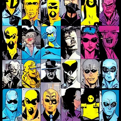 Prompt: Watchmen characters in the artstyle of Sean Murphy's art, Dr. Manhattan, Nite-Owl, Rorschach, Silk Spectre, The Comedian, Ozymandias, Sean Murphy, Sean Murphy artstyle, vibrant