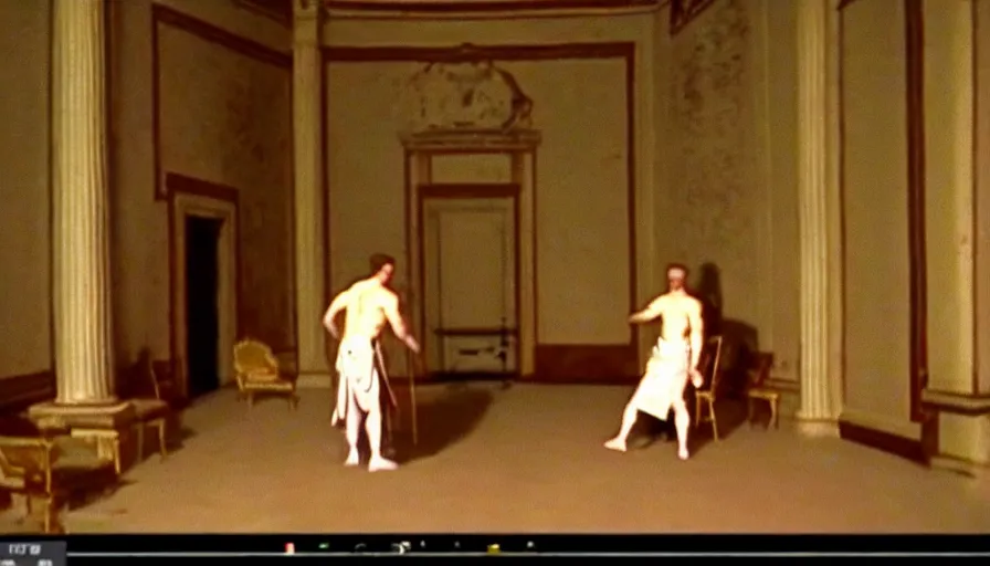 Prompt: low quality mini dv camera footage of caligula slaughtered by a man in a neoclassical room