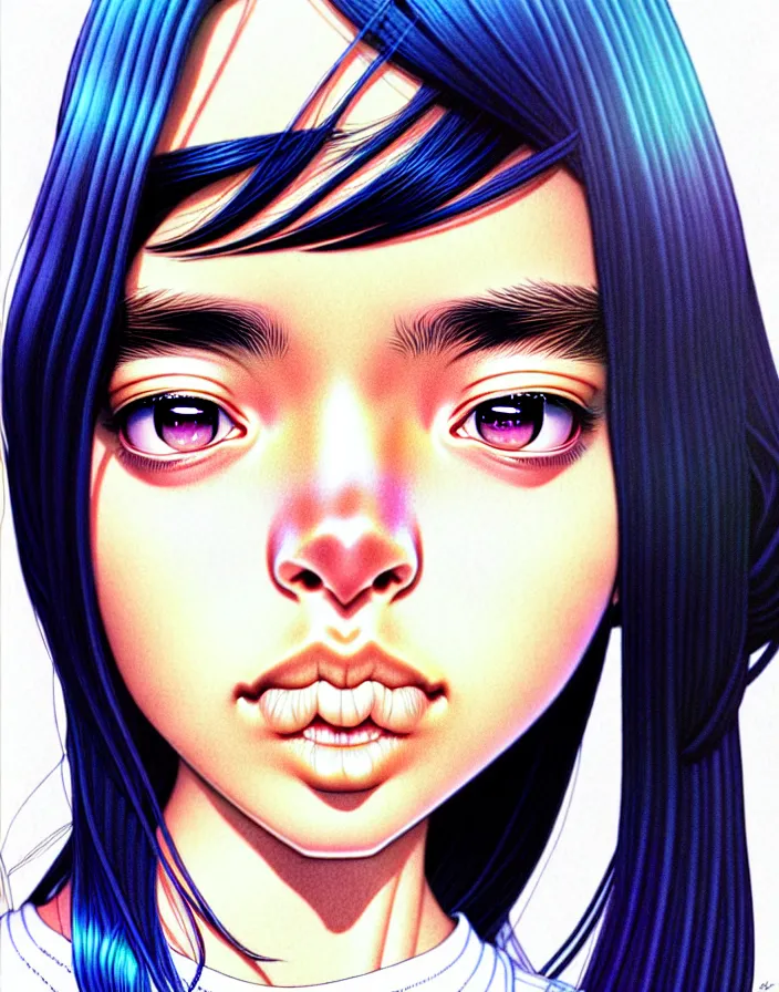 Prompt: extremely detailed color ink pen  illustration depicting an extreme close up face of a dainty young truant female stoner prep highschool school student with medium length silky straight iridescent black hair and lightly suntanned skin, illustrated by Artgerm and Range Murata.