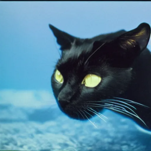 Prompt: vhs footage of a black cat swimming around underwater