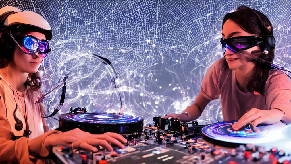 Prompt: a woman wearing goggles and visor and headphones using an intricate clockwork record player turntable contraption, wires and tubes everywhere, turntablism dj scratching, intricate planetary gears, cinematic, imax, sharp focus, led light strips, bokeh, iridescent, black light, fog machine, hazy, computer screens, lasers, light trails, hyper color photograph