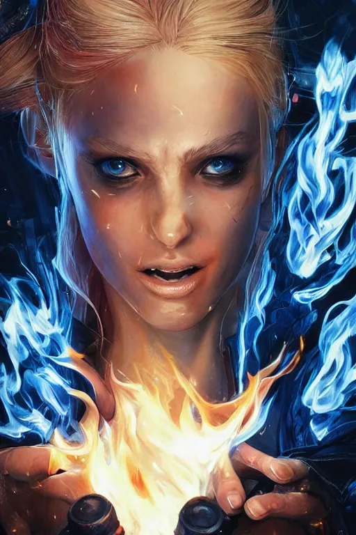 Prompt: wonderful young blonde woman with flames dancing on her hands with a long jacket in a cyberpunk city mouth open in a cry, realistic, high definition, detailed and symetric face, detailed and realistic hands, expressive eyes, 4 k, shimmering color, art by artgerm ans greg rutkowski and magali villeneuve
