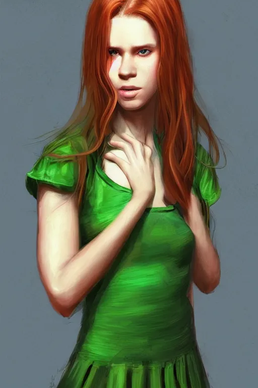 Image similar to ultra realistic style illustration of a beautiful cute red haired playful teen girl in a green dress, long hair, face of teen kate mara, sci - fi, intricate, elegant, digital painting, artstation, concept art, smooth, sharp focus, illustration, 8 k frostbite 3 engine, ultra detailed, art by artgerm and greg rutkowski and magali villeneuve