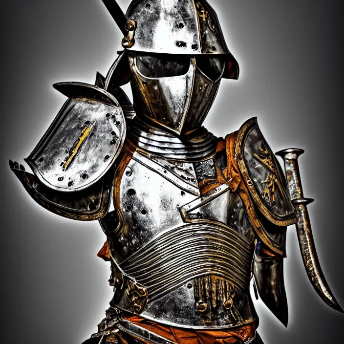 Image similar to photo of a warrior headless, akephaloi with metal blemmyae themed armour, highly detailed, hdr, smooth, sharp focus, high resolution, award - winning photo