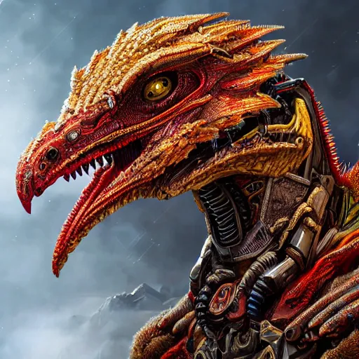 Prompt: portrait art of 8k ultra realistic raptor with shining red eyes, detailed intricate ornate armour, decaing, cybernetic, full of colour, cinematic lighting, battered, trending on artstation, 4k, hyperrealistic, focused, extreme details, unreal engine 5, cinematic, masterpiece, art by ayami kojima, giger