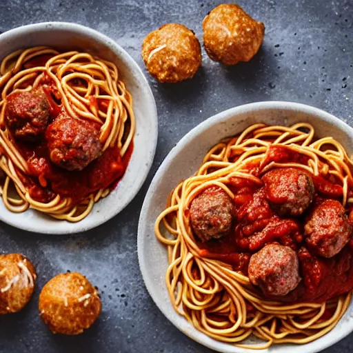 Image similar to photo of two dogs eating spaghetti and meatballs, tomato sauce, 50mm, beautiful photo