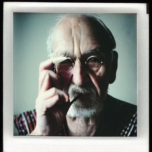 Image similar to polaroid of an old russian man holding a cigarette between 2 fingers, summer 1 9 9 6