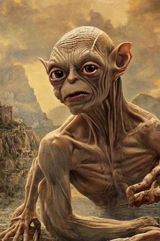 Prompt: gollum visits ancient athens, oil on canvas, intricate, 8 k highly professionally detailed, hdr, cgsociety