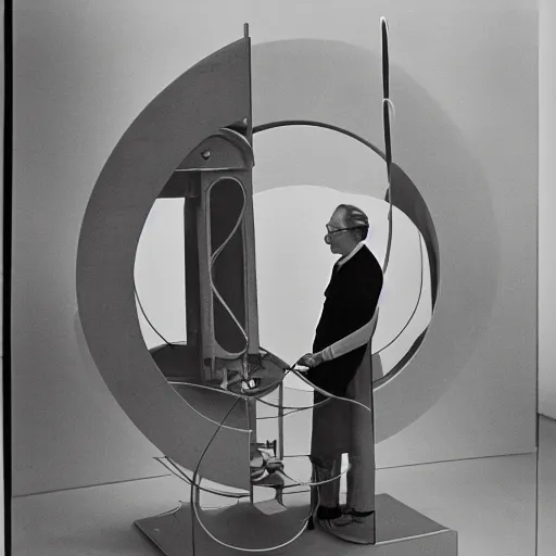 Image similar to filmstill of Marcel Duchamp working on a futuristic machine, long exposure, minimal composition, rule of thirds, archival pigment print