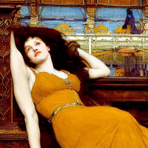 Image similar to preraphaelite photography reclining on bed, a hybrid of judy garland and ada lovelace, aged 2 5, big brown fringe, yellow ochre ornate medieval dress, john william waterhouse, kilian eng, rosetti, john everett millais, william holman hunt, william morris, 4 k