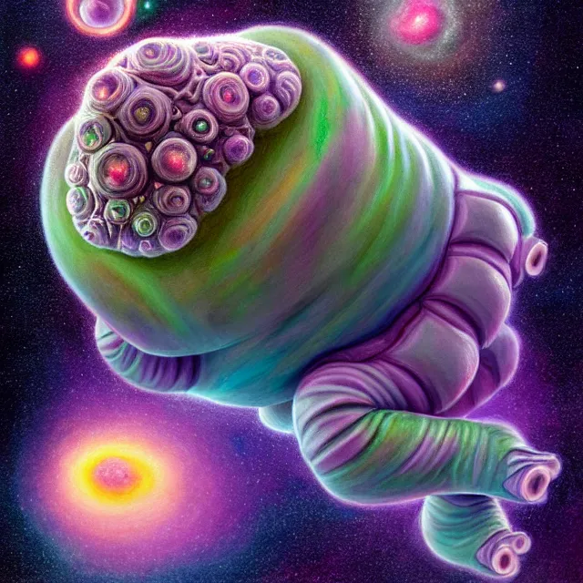 Image similar to a highly detailed tardigrade, it has rainbow hair and a beautiful unconventional face, floating through deep space, elegant, hyperrealistic, digital painting, artstation, realism, concept art, pop, smooth, mythological, sharp focus, qualia, illustration, art by mark ryden 3 d 8 k ultra detailed