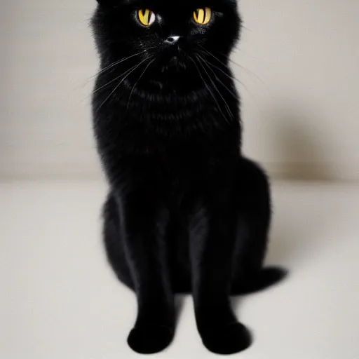 Prompt: national geographic photograph of a black longhair cat sitting in a white room