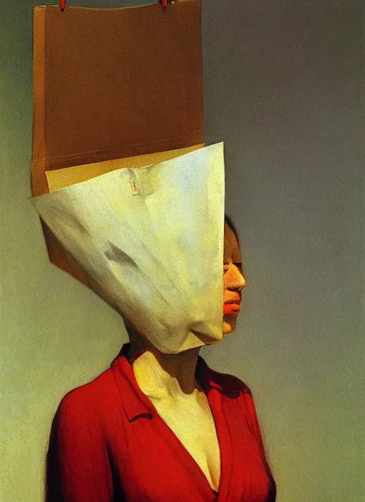 Image similar to woman with a paper bag over the head and a sward Edward Hopper and James Gilleard, Zdzislaw Beksinski, Steven Outram highly detailed