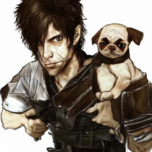 Prompt: self portrait, young white hispanic handsome man with short light brown hair and light skin and a 5 o clock shadow and holding a pug while fighting against 2 swordsmen pencil art, blood, added detail, high definiton, colored, backfacing, illustrated by yoji shinkawa