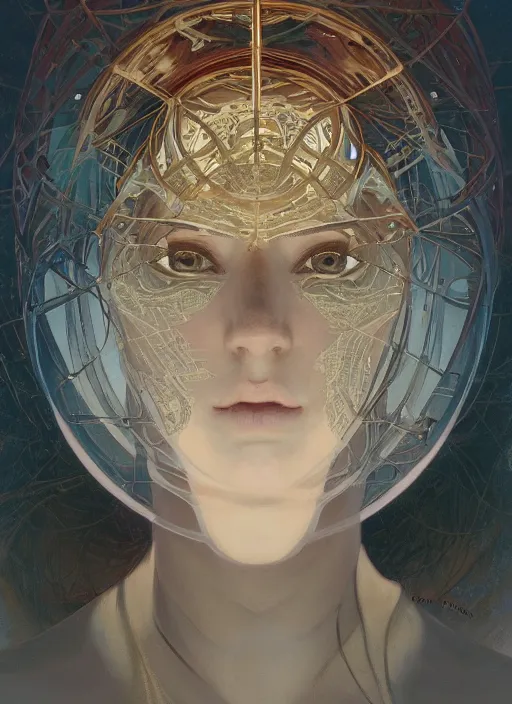 Image similar to symmetry!! beauty, machine parts embedded into face, intricate, elegant, highly detailed, digital painting, surrealistic, artstation, concept art, smooth, sharp focus, illustration, art by artgerm and greg rutkowski and alphonse mucha, 8 k