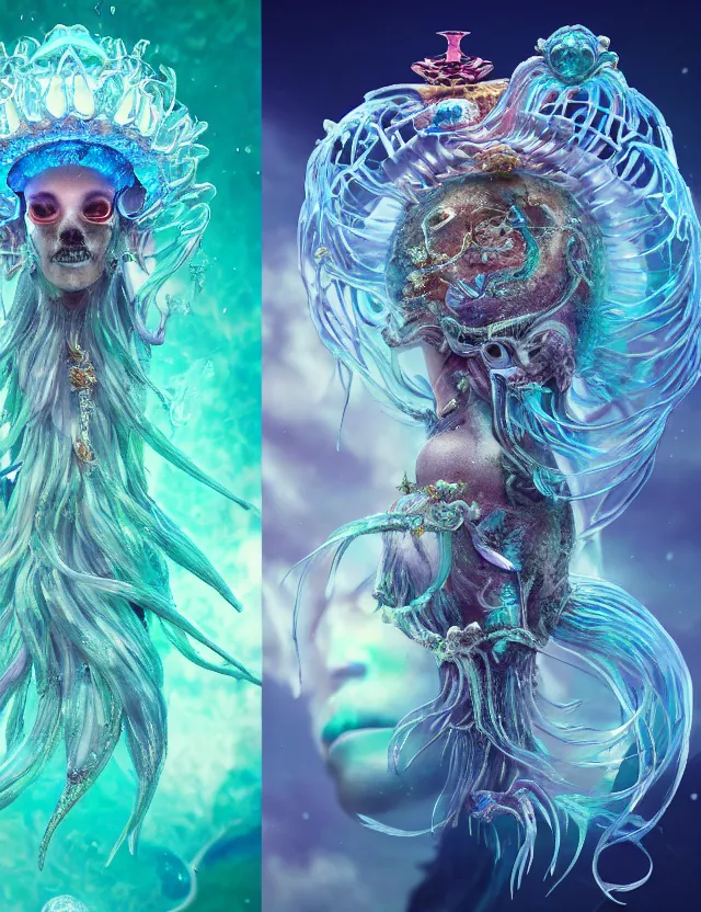 Image similar to goddess macro shouler portrait from bottom to top in crown made of ram skull. betta fish, jellyfish phoenix, bioluminiscent, plasma, ice, water, wind, creature, super intricate ornaments artwork by tooth wu and wlop and beeple and greg rutkowski and alexander fedosav