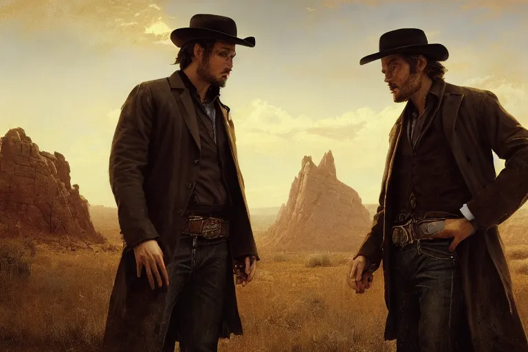 Prompt: an ultradetailed image of sam and dean winchester as an old west gunfighters, masterpiece, 8 k, art by greg rutkowski and albert bierstadt
