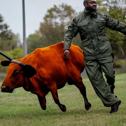 Image similar to photograph of a black man wearing an army green jacket riding an orange colored bull