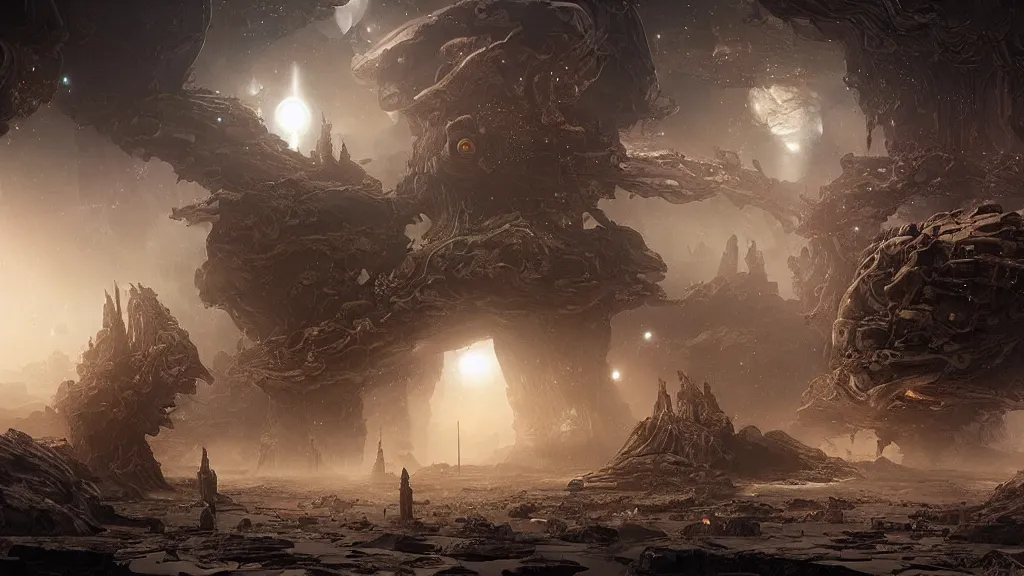 Prompt: eerie atmospheric alien world by yoann lossel and stephan martiniere, cinematic matte painting