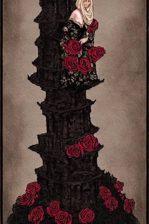 Image similar to elegant fairytale tower covered in roses, full body portrait of medieval princess, cottagecore, nostalgia of a fairytale, Exquisite, dramatic lighting, black paper, muted colors and gradients, by Jeff Jones, Jeffrey Jones, Jeffrey Catherine Jones