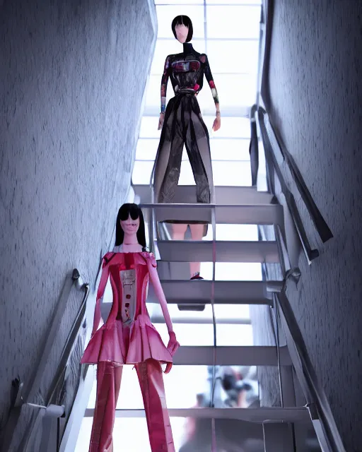 Prompt: a model wearing balenciagai's japanese clothes and standing on stairs, cyberpunk art, colorful, behance contest winner, daz 3 d, futurism, reimagined by industrial light and magic, behance hd