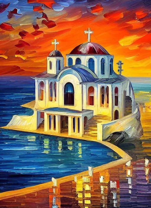 Image similar to beautiful seaside greek church and village at sunset in the style of leonid afremov