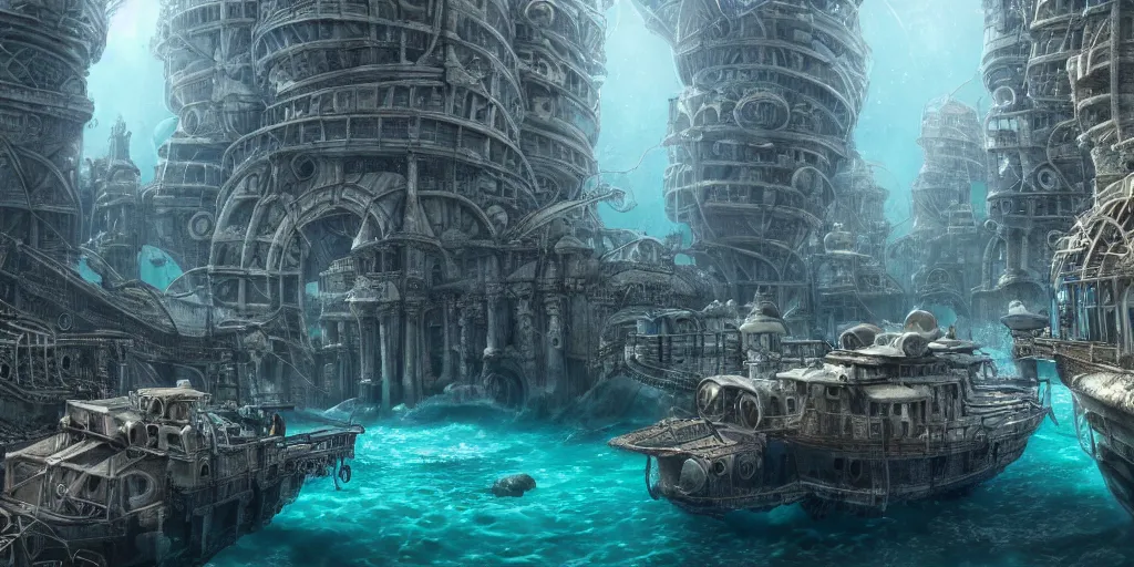 Image similar to ultra realistic underwater city, style epic, insanely detailed, style of, role thomas style ocatne render, artstation trend, epic art style, giovanni paolo panini, cinematic, concept art, 8 k hd