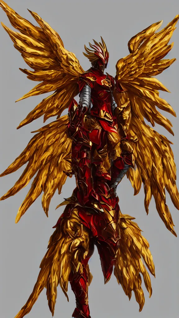 Prompt: Frontal view of a set of armor, phoenix-inspired, full body, empty, ornamental, Red, Gold, wings, d&d, simple, fantasy, Acrylic painting, trending on artstation, artstationHD, artstationHQ, cgsociety