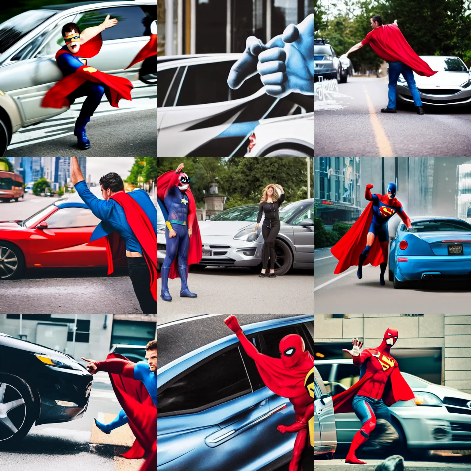 Prompt: superhero stopping a car with their hand