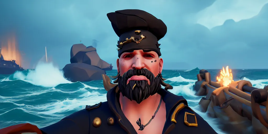 Prompt: selfie of a sea of thieves character with white beard, white hair, eye patch, sea of thieves screenshot, storm, unreal engine, digital art,