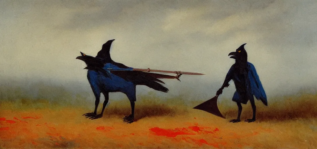 Prompt: moody tonalist painting ( 1 9 2 3 ) of wolf - faced crow monster wearing poncho and shako, carrying a shovel, contre - jour, prussian blue and red iron oxide, grunge, 2 2 0 film