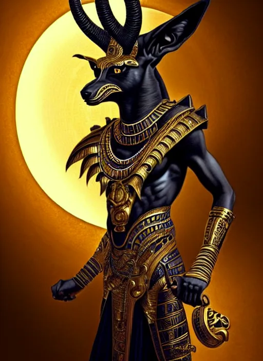 Prompt: angry god anubis, snarling jackal with egyptian pharaoh headdress and nemes, ornate art nouveau detail, black and gold palette, fantasy, intricate, elegant, highly detailed, colorful, dark colors, dramatic shadow, digital painting, artstation, concept art, art by artgerm and greg rutkowski and ruan jia,