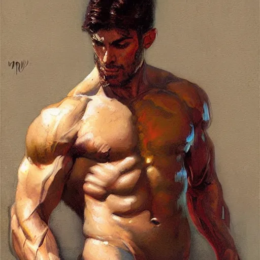 Image similar to Manu Rios with a muscular body type, painting by Gaston Bussiere, Craig Mullins