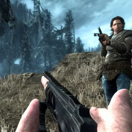 Prompt: todd howard pointing a gun towards the camera and forcing you to buy skyrim, threatening, sharp, cinematic, colorful, digital, neon, bright, cyberpunk