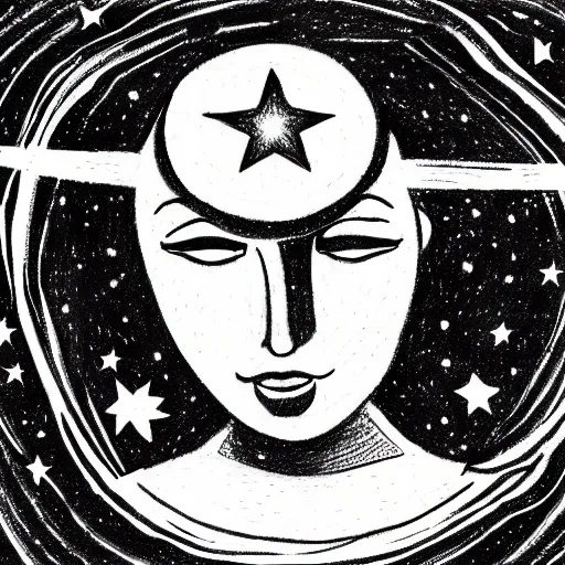 Prompt: a drawing of a woman with half her face, saturn the moon and some stars on top of her head, solid gray colors, black background, line drawing