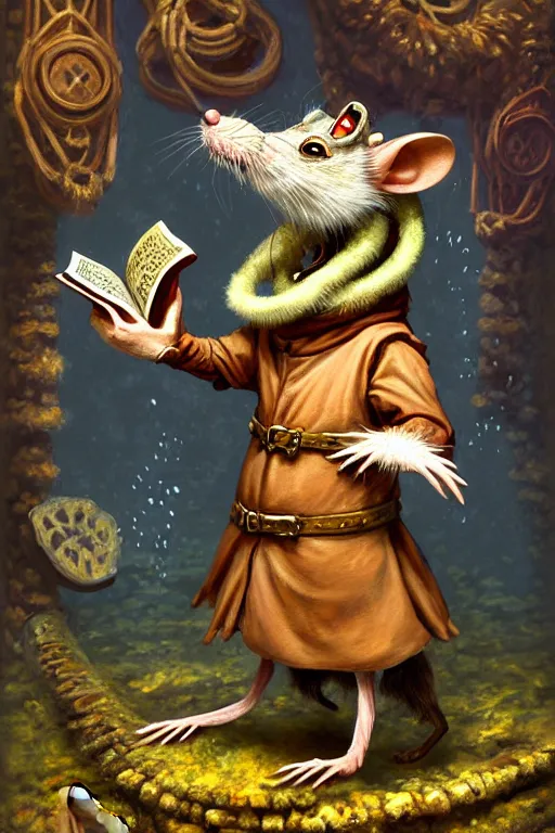 Prompt: classic oil painting, an anthropomorphic bipedal rat that is dressed as a medieval librarian, as a dnd character, standing under the sea, cottagecore, highly detailed, digital illustration, concept art, smooth, sharp focus, art by paul bonner