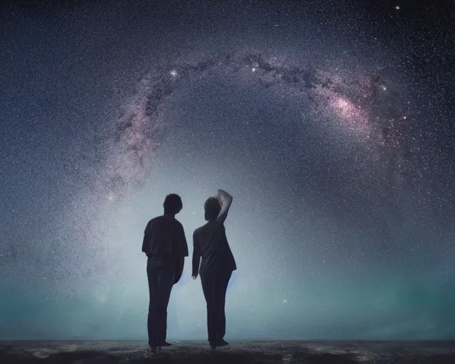 Prompt: a couple looking at the stars in the sky, a stock photo by ryusei kishida,, shutterstock contest winner, space art, nightscape, sense of awe, redshift