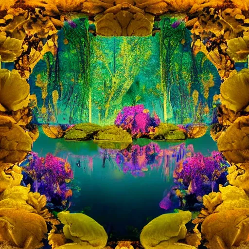 Prompt: a vintage album cover of a trippy lake surrounded by abstract flowers, an arch emerging from the water made of golden fabric, photo - realistic, hyper - real, beautiful lighting