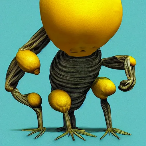 Image similar to a lemon with arms and legs with muscles, photorealistic, digital art,